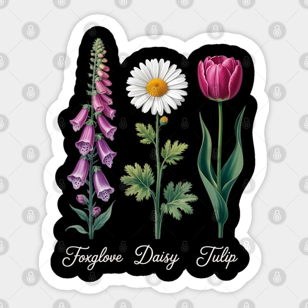 Foxglove-Daisy-Tulip Sticker by Creatifly Graphic Tees